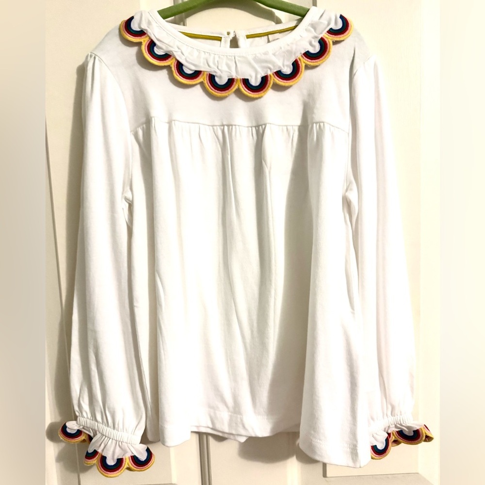 Mini Boden White Long Sleeve Tee with Multicolor Scallop Trim